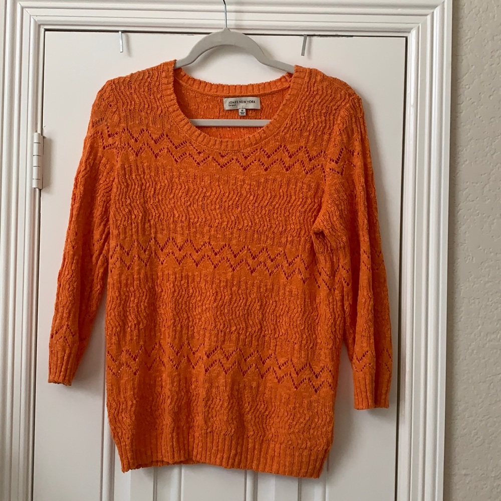 Jones New York Sport Orange Open Knit Crochet Sweater Size Medium M